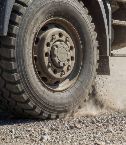 truck-tire-kicking-up-dust-gravel-road